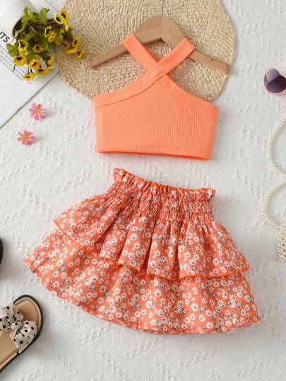 Young Girl's Vacation And Leisure Solid Color Sleeveless Top With Halter Neck And Elastic Waist Floral Shirred Skirt Set For Summer