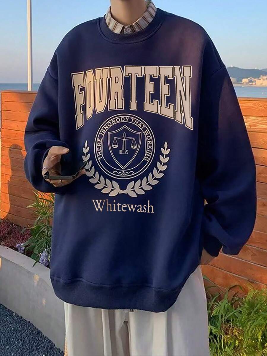 Manfinity Hypemode 男士字母印花圓領運動衫 - 藍色 - 查看 1