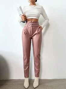 EURMUSE Pantaloni conici Pu cu talie dublă pentru femei - Liliac violet - Vizualizare 4
