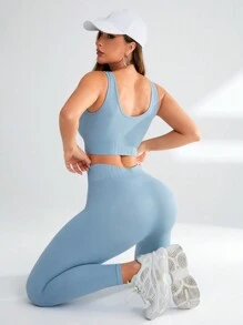 Yoga Basic Sports Tank Top And Leggings Set Workout Women Sets - Dusty Blue - View 1