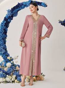 Al Najma Women's Woven Ribbon Patchwork Jalabiya Dress, Modest - Pink - View 8