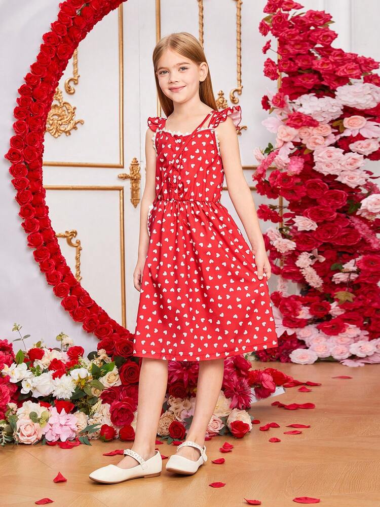 Tween Girls' Heart Print Dress With Tiered Ruffle Hem