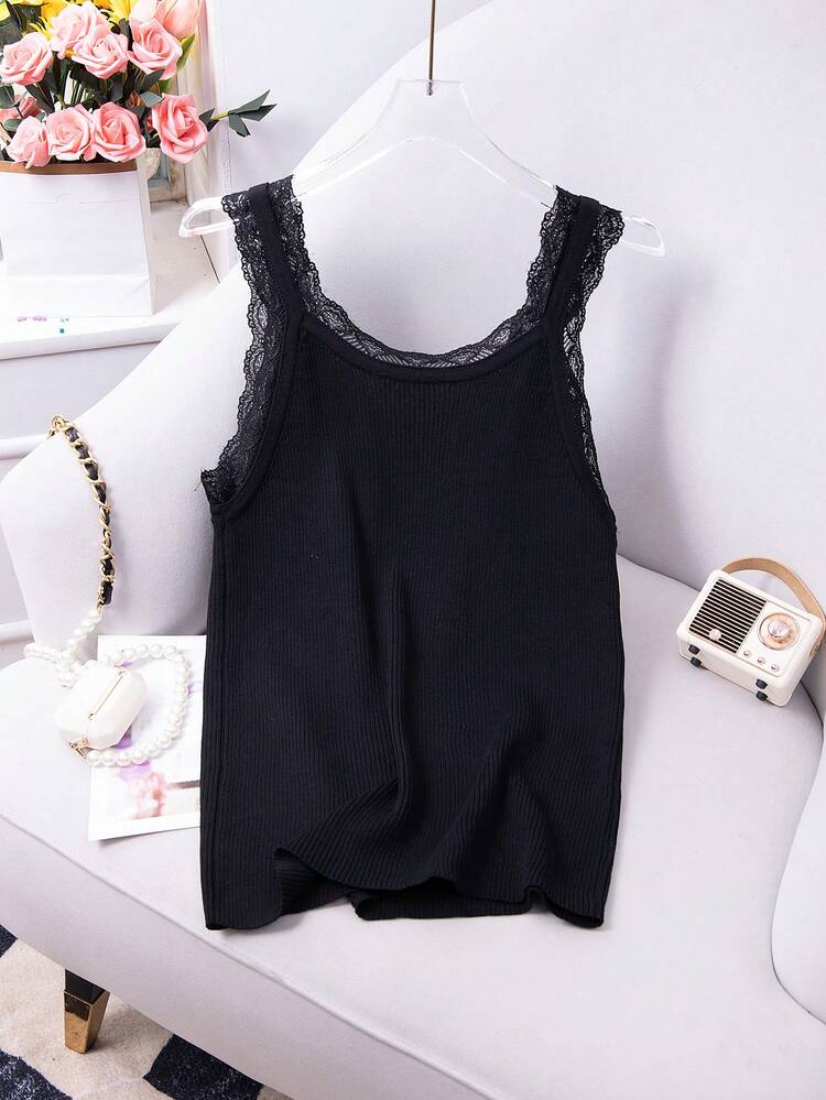 Plus Size Sleeveless Lace Trim Knit Top