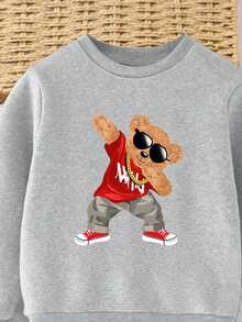 SHEIN 2 件套年轻男孩新款时尚卡通印花圆领长袖运动衫和裤子休闲运动装秋冬季 - 灰色 - 查看 5