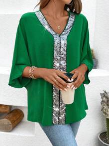 SHEIN Clasi Plain Textured Glitter 3/4 Sleeve Shirt - Green - View 4