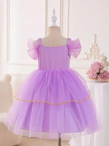 SHEIN Glamorique Kids 少女紫色蕾絲多層紗裙拼接編織帶,派對公主裙