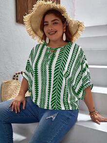 SHEIN LUNE Kích thước lớn Sọc tay cánh Áo sơ mi Với Đường viền cổ áo Buộc - màu xanh lá - Xem 4