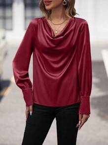 SHEIN Clasi 翻領長袖襯衫 - 酒紅色 - 查看 3