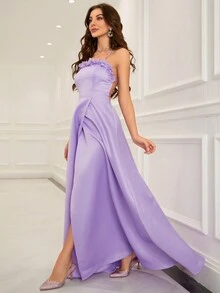 Backless Evening Cami Dress With 3d Floral - Mauve Purple - View 5