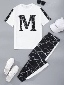 Teen Boy Casual Letter Printed Two Pieces Set - White - View 1