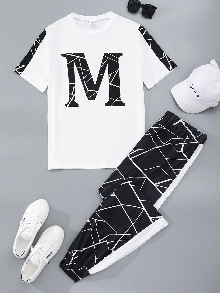 Teen Boy Casual Letter Printed Two Pieces Set - White - View 1