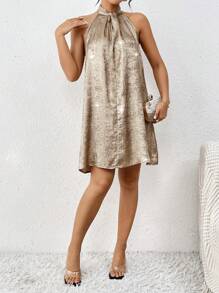 SHEIN Clasi Rượu sâm banh Vàng Không tay Halterneck Đầm - Vàng - Xem 3