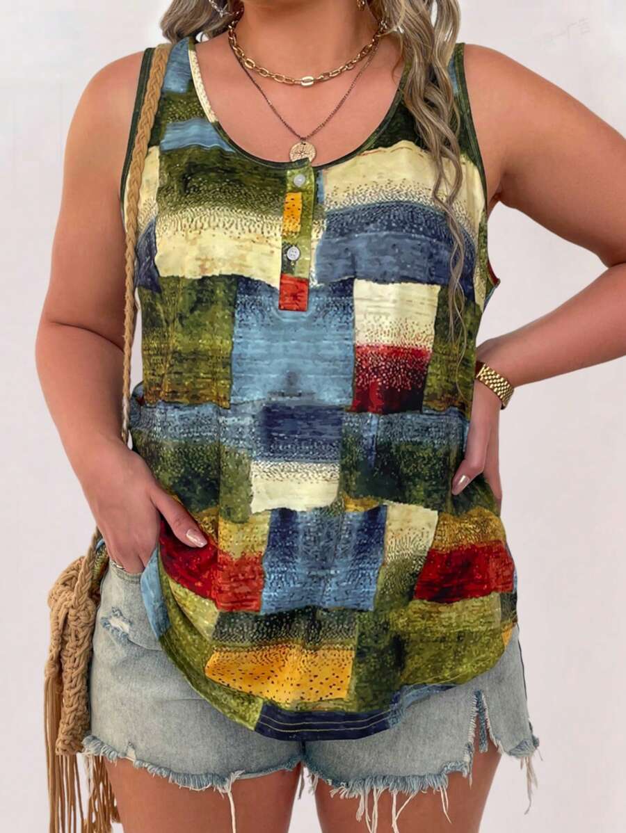 SHEIN LUNE Plus Patchwork Print Half Button Tank Top, Women Summer Top - Multicolor - View 1
