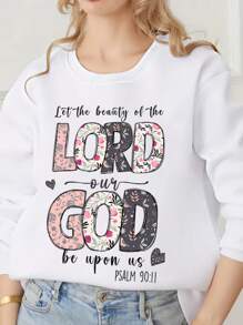 女式花卉和標語印花圓領毛衣 - 白色 - 查看 1