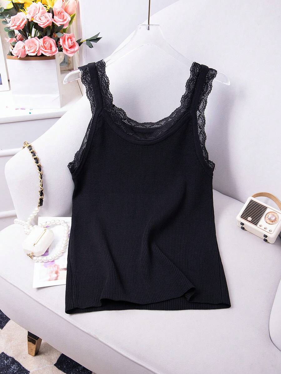 SHEIN Clasi Plus Size Sleeveless Lace Trim Knit Top - Black - View 1