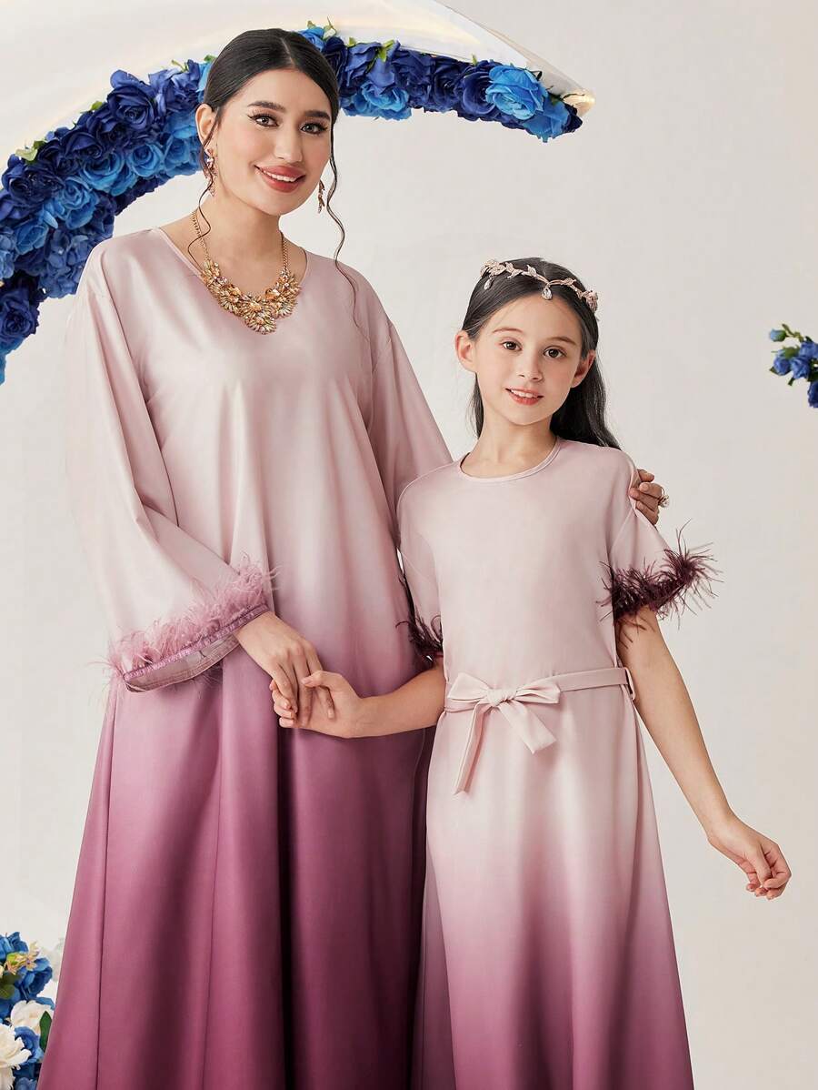 Al Najma 女士漸變袖口＆毛茸茸的阿拉伯風格拼接裙 - 珊瑚粉 - 查看 1