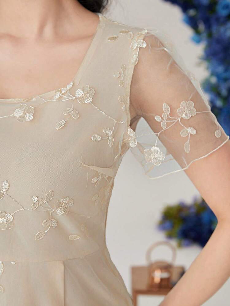 Women'S Floral Embroidery A-Line Dress Long Evening Dresses