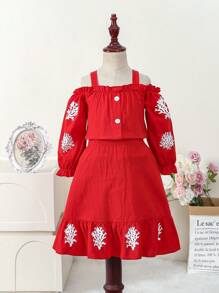 SHEIN Young Girl'S Hollow Out Shoulder Button-Front Top And Skirt Two Piece Set For Spring And Summer - Red - View 1