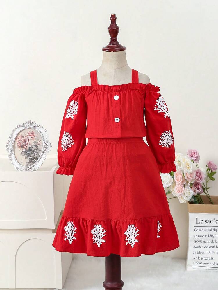 Young Girl'S Hollow Out Shoulder Button-Front Top And Skirt Two Piece Set For Spring And Summer