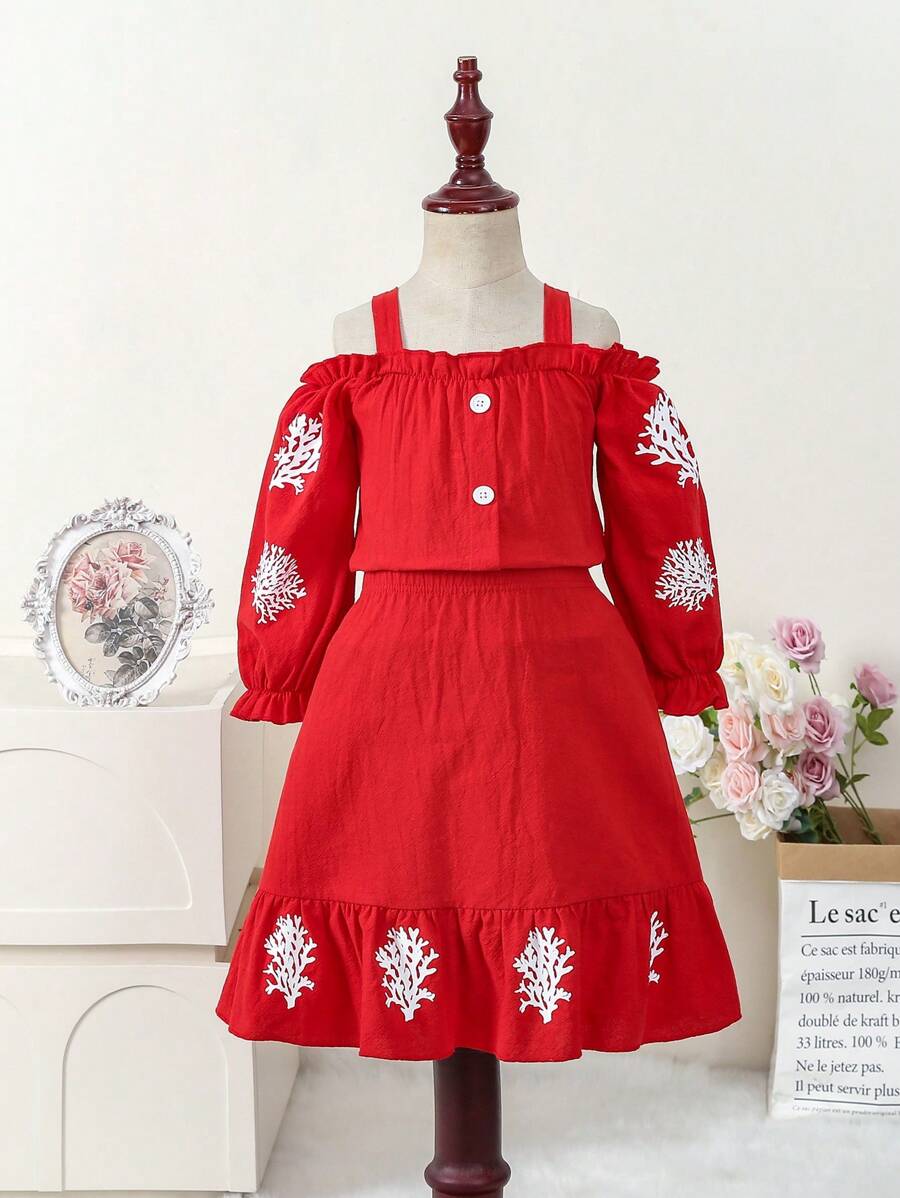 SHEIN Young Girl'S Hollow Out Shoulder Button-Front Top And Skirt Two Piece Set For Spring And Summer - Red - View 1