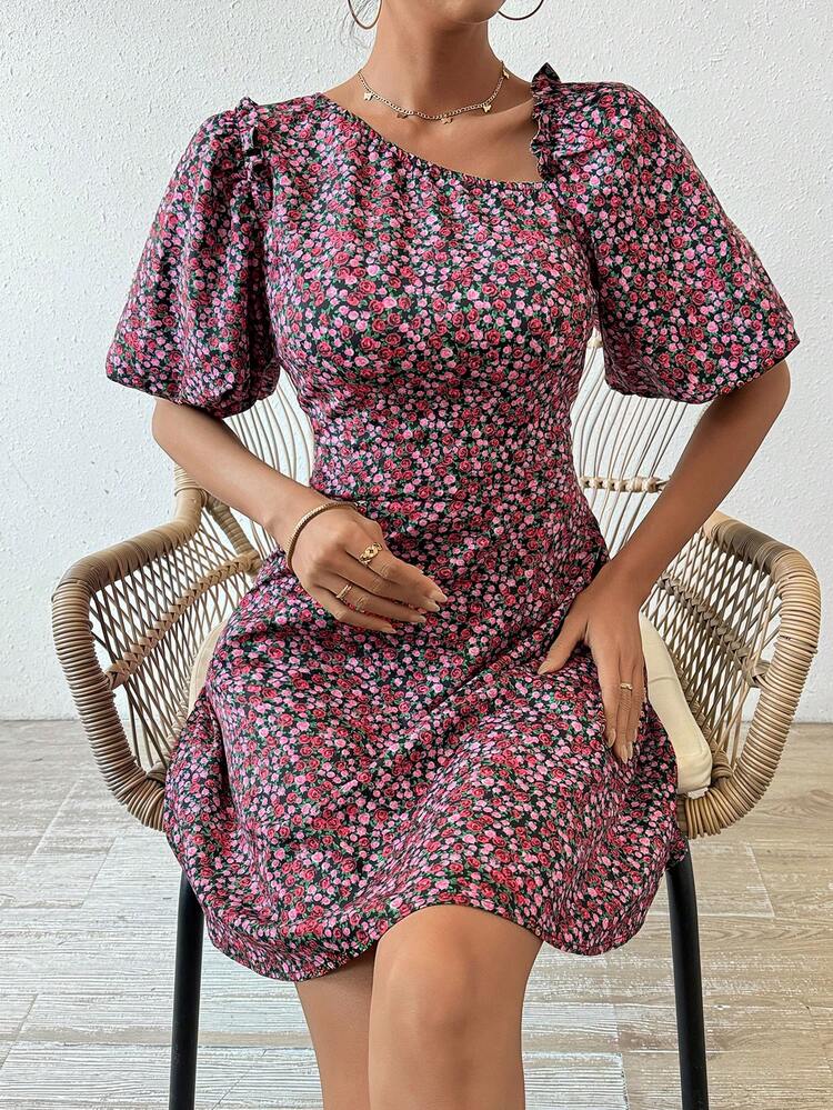 Rose Print Asymmetrical Neckline Dress