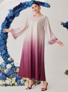 Al Najma 女士漸變袖口＆毛茸茸的阿拉伯風格拼接裙 - 珊瑚粉 - 查看 5