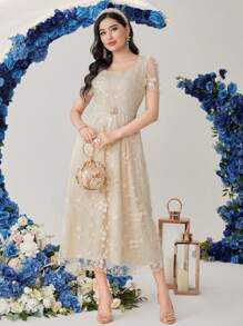 Modelyn Robe longue de soirée évasée avec broderie florale pour femmes - Nude - Voir 5
