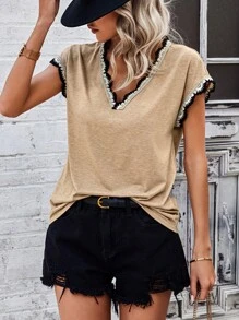 SHEIN LUNE Ladies' V-Neck Lace Trim T-Shirt - Apricot - View 4