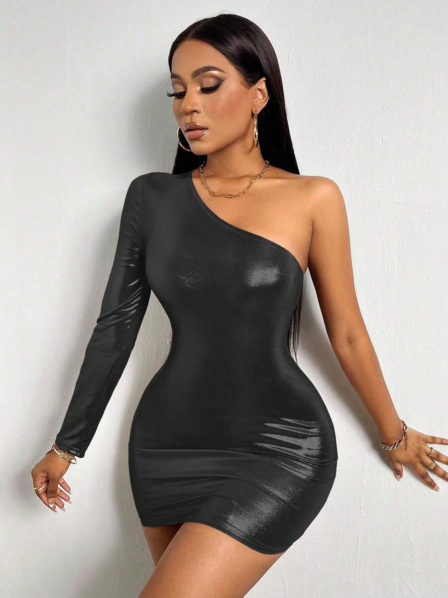 SHEIN Slayr Đầm ôm body dài tay hở vai cho nữ - màu đen - Xem 1