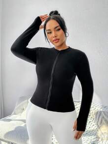 SHEIN Rhythm Era Chaqueta Deportiva Ajustada De Talla Grande Con Cierre De Cremallera - Negro - Ver 3