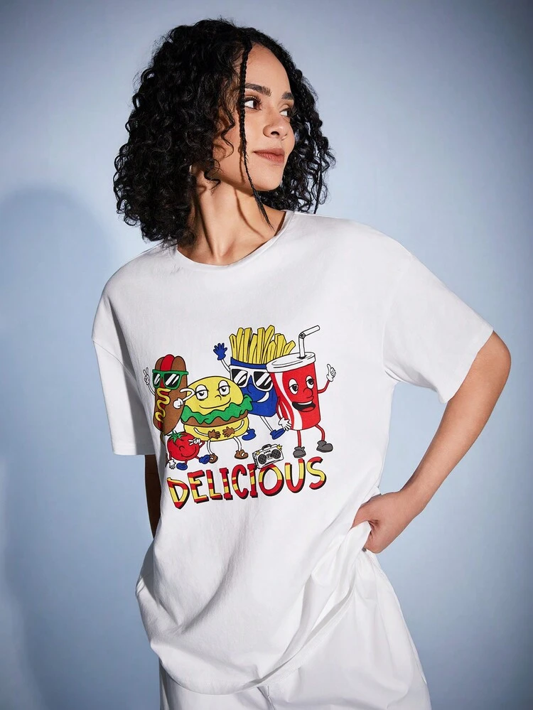 Dopamine Cute Loose Fit Letter Cartoon Print White T-Shirt For Women