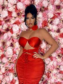 SHEIN SXY Valentine's Day Sexy Red Prom Heart  Spring  Party Date Night  Ruffle Hollow Out Women Elegant Party Strapless Pleated Floor-Length  With 3d Flower Decoration