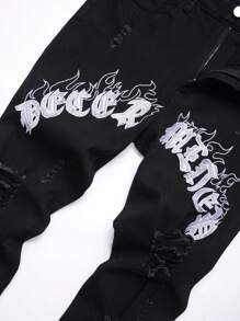 Manfinity LEGND Men's Fashionable Letter Embroidered Jeans, Emo Style, Grunge - Black - View 5