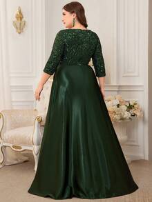 XUIBOL Plus Size Sequin Patchwork Asymmetric Hem Evening Gown - Dark Green - View 2