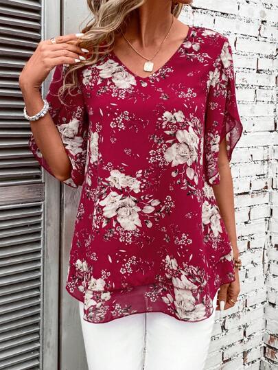 EMERY ROSE Floral Printed Butterfly Sleeve Double Layered Chiffon Shirt With Asymmetrical Hemline For New Year Clothes,Short Sleeve Tops