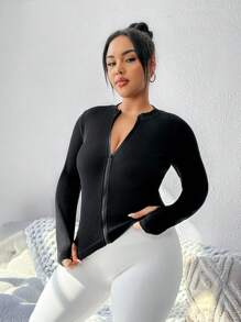 SHEIN Rhythm Era Chaqueta Deportiva Ajustada De Talla Grande Con Cierre De Cremallera - Negro - Ver 1