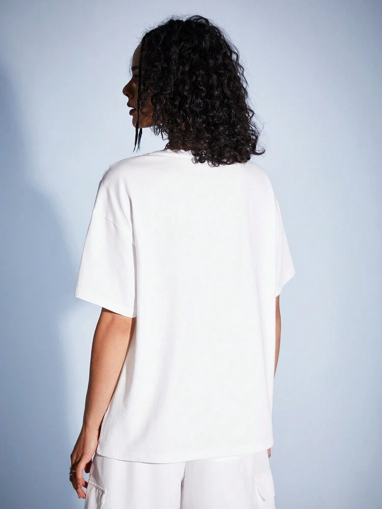 Dopamine Cute Loose Fit Letter Cartoon Print White T-Shirt For Women