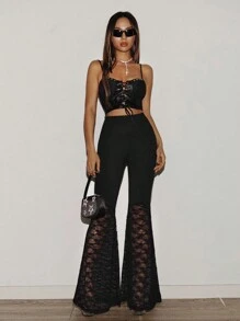 EgrlEra Pantalones acampanados con encaje en contraste Y2K para mujer - Negro - Ver 6