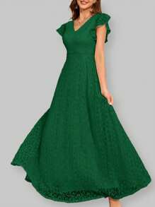 成人优雅蕾丝派对婚礼伴娘礼服，短袖荷叶边装饰 - 墨綠色 - 查看 1