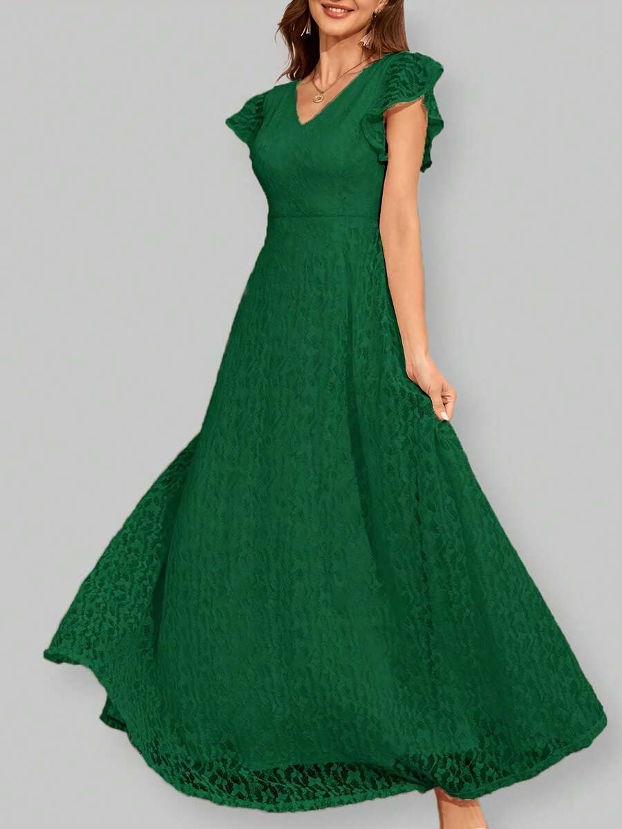成人优雅蕾丝派对婚礼伴娘礼服，短袖荷叶边装饰 - 墨綠色 - 查看 1