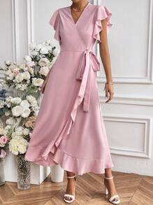 Chiquease Solid Color Ruffle Edge Wrap Tie Waist Dress - Dusty Pink - View 6