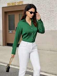 SHEIN BIZwear 女式閃亮長袖襯衫 - 綠色 - 查看 4