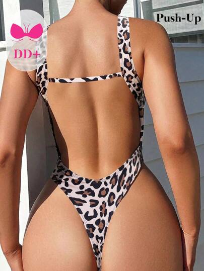 Swim DD+ Traje de baño de una pieza con estampado de leopardo y espalda descubierta para damas, para el verano