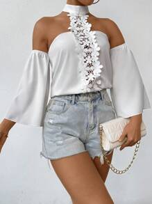 Chiquease Solid Color Lace Patchwork Open Shoulder Halter Neck Shirt - White - View 5