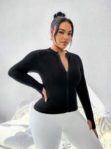 SHEIN Rhythm Era Chaqueta Deportiva Ajustada De Talla Grande Con Cierre De Cremallera - Negro - Ver 4