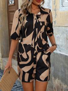 SHEIN LUNE Women'S Full Printed Shirt And Shorts Set - Multicolor - View 1