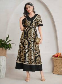 Al Najma All Over Print V-Neck Arabian Dress - Multicolor - View 4