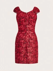 SHEIN Unity 女款花卉印花雞心領洋裝 - 紅色 - 查看 2