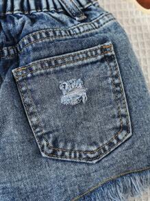 SHEIN Vintaside Kids Young Girl's Distressed Frayed Hem Denim Shorts - Dark Wash - View 6