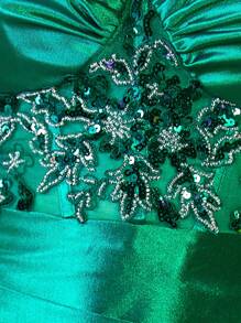 Sequin Patchwork Pleated Front High Slit Sleeveless Dress - Green - View 6